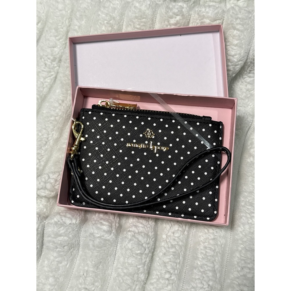 Nanette Lepore Black White Polka Dot Card Case Wristlet Wallet with ID Window